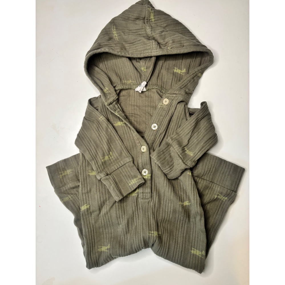 Kate Quinn 6-12M Organic Cotton Hooded Romper Olive Airplane Print Baby